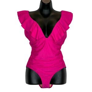 J.Crew Ruched Ruffle One-Piece Pink Swimsuit - Size 14